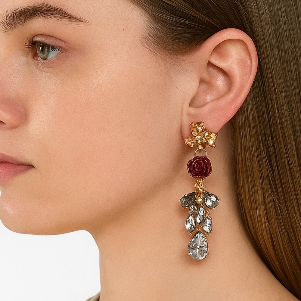Gold-Tone Beaded Drop Earrings Burgundy Floral Rose Crystal-Like Bead Earrings